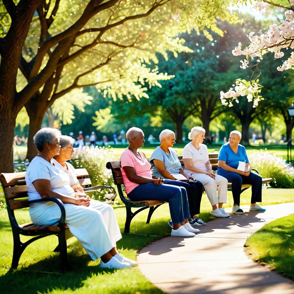 A serene landscape featuring a diverse group of cancer patients and survivors sharing supportive conversations in a sunlit park, surrounded by blooming flowers symbolizing hope and resilience. Include an open resource book on a bench, with gentle rays of sunlight filtering through trees, creating a warm and inviting atmosphere. super-realistic. vibrant colors. soft focus.