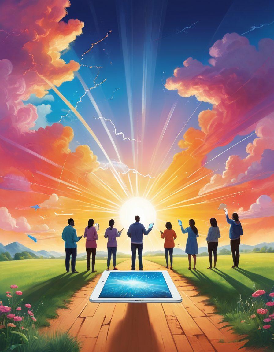 A vibrant illustration depicting a diverse group of individuals engaging with various empowering tools like tablets and charts, symbolizing growth and resilience. In the background, a luminous path winds through a peaceful landscape, representing the journey from diagnosis to thriving. Include elements of support such as hands joining together and bright rays of sunshine breaking through clouds. The scene should evoke feelings of hope and empowerment. vibrant colors. super-realistic.