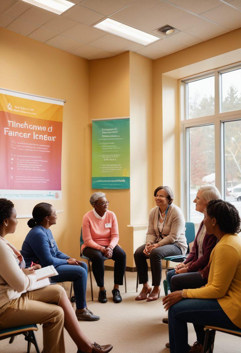 A hopeful scene depicting diverse individuals of varying ages and backgrounds engaging in a supportive knowledge-sharing session about cancer education. The setting is a warm, inviting community center filled with educational materials, diagrams, and a large supportive banner that reads 'Knowledge is Power'. Soft lighting enhances the atmosphere of encouragement and empowerment. super-realistic. vibrant colors. warm tones.